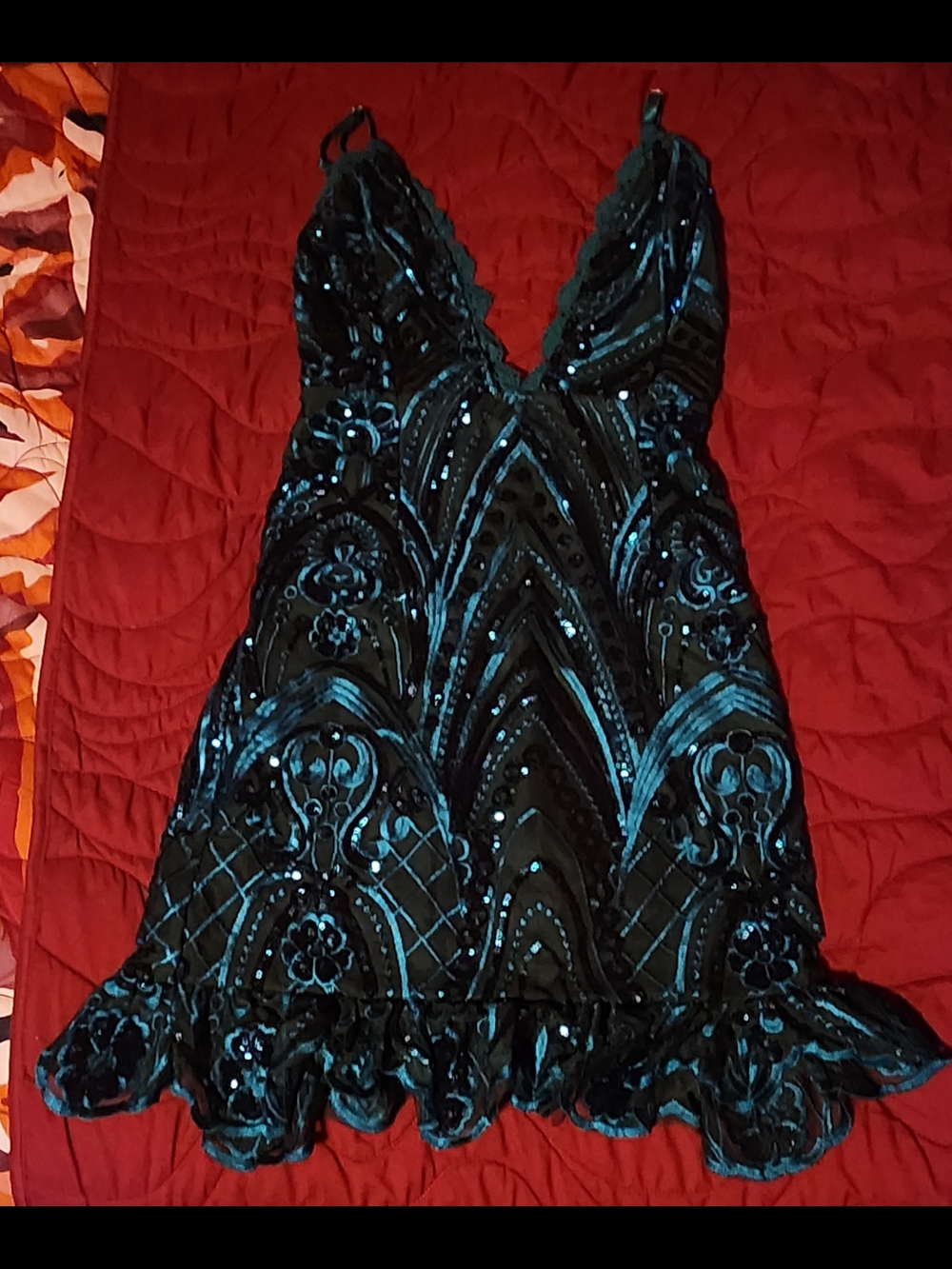 V-Neck Black and Teal Embellished Prom Dress